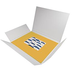 Lineco Archival Storage Art Folio in use with white and blue artwork mounded on a yellow window mat