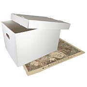 white record storage carton open in use with an old map