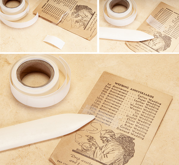 document repair tape used to fix a rip in antique bookmark